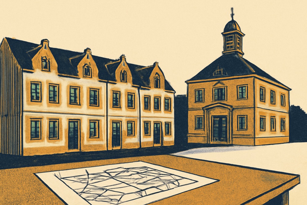 Zweifarbige Architekturillustration: Reihenhäuser, ein Rathaus und ein Flurkartenauszug