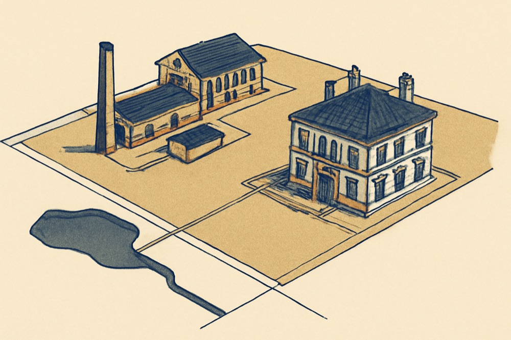 Zweifarbige architektonische Luftaufnahme eines Grundstücks neben einem ehemaligen Industrieareal mit Gewässer und Flurstücksgrenzen.
