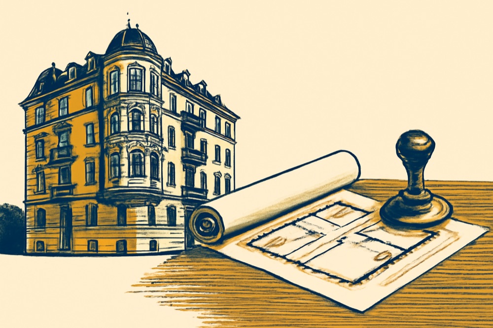 Münchner Mietshaus und gerollter Aufteilungsplan mit Stempel