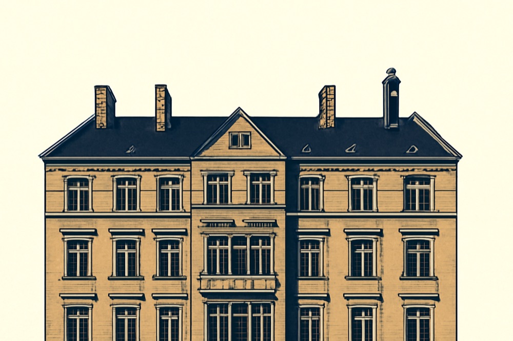 Berliner Mietshaus mit Schornsteinen und Dachabzug, zweifarbige Illustration