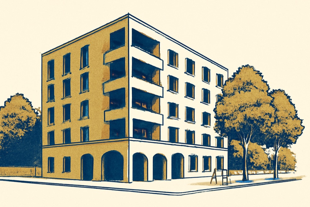 Neubau-Mehrfamilienhaus in Berlin mit Balkonen und Ziegel-Putz-Fassade