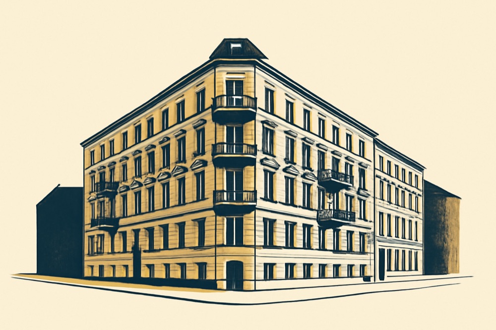 Berliner Altbau-Eckhaus, zweifarbige Illustration