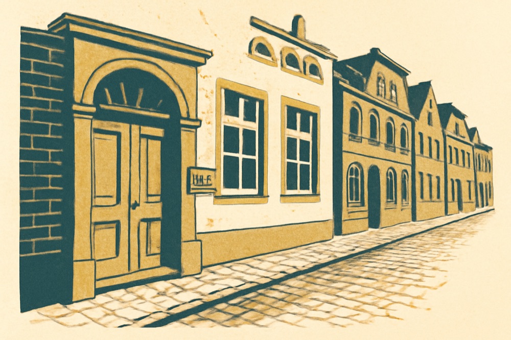 Zweifarbige Illustration einer Fassade eines deutschen Notariats und benachbarter Stadthäuser auf kopfsteingepflasterter Straße.