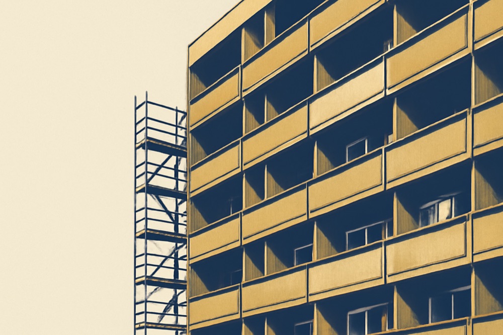 Fassade eines deutschen Mehrfamilienhauses mit Balkonen, ein Balkon mit kleiner Split‑Außeneinheit und Gerüst für Balkonsanierung