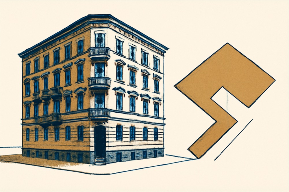 Eckwohnhaus mit Grundstücksumriss zur Darstellung Boden vs. Gebäude