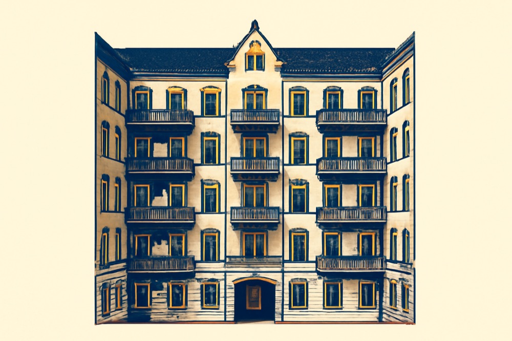 Illustration eines sechsstöckigen Gründerzeit-Mehrfamilienhauses mit Balkonen und kleinem Innenhof