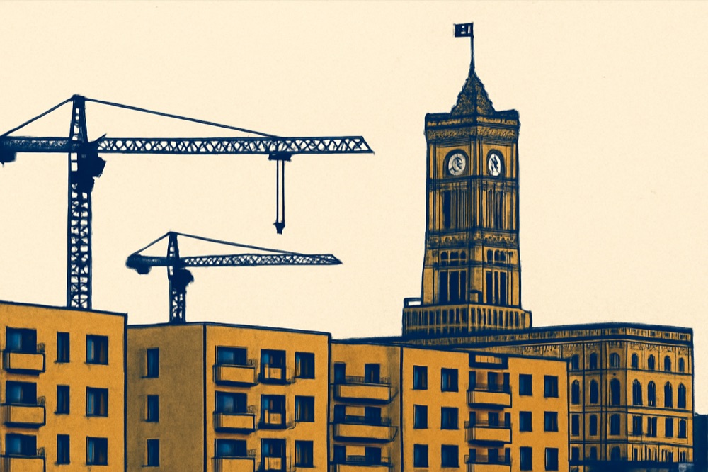 Rotes Rathaus mit Baukr e4nen und neuen modularen Wohnblocks, zweifarbige Illustration