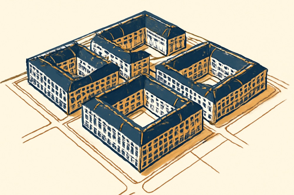 Flurstücksgrenzen und Gebäudegrundrisse eines deutschen Stadtblocks
