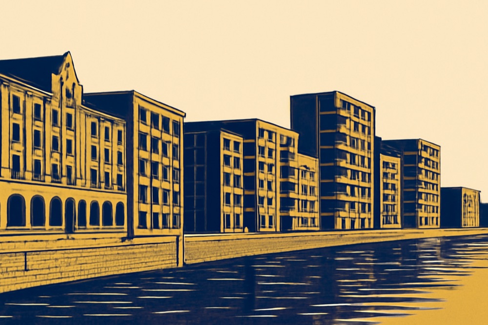 Backsteinlagerhäuser und Neubauwohnungen an Bremens Überseestadt-Ufer