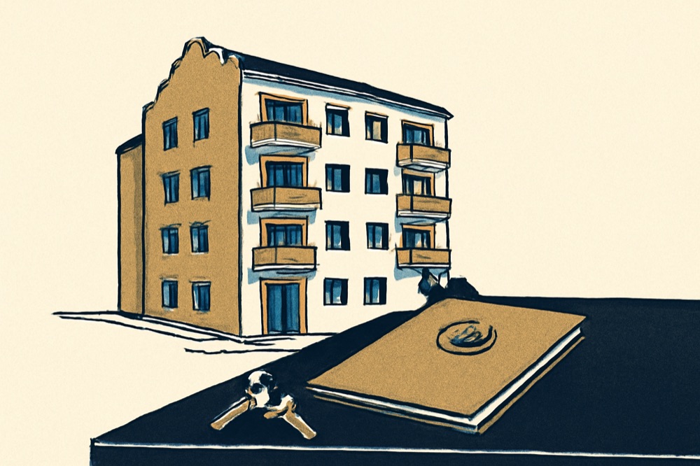 Zweifarbige Architekturdarstellung eines mehrgeschossigen deutschen Wohnhauses; im Vordergrund ein Tisch mit Schlüsseln und einer Mappe.