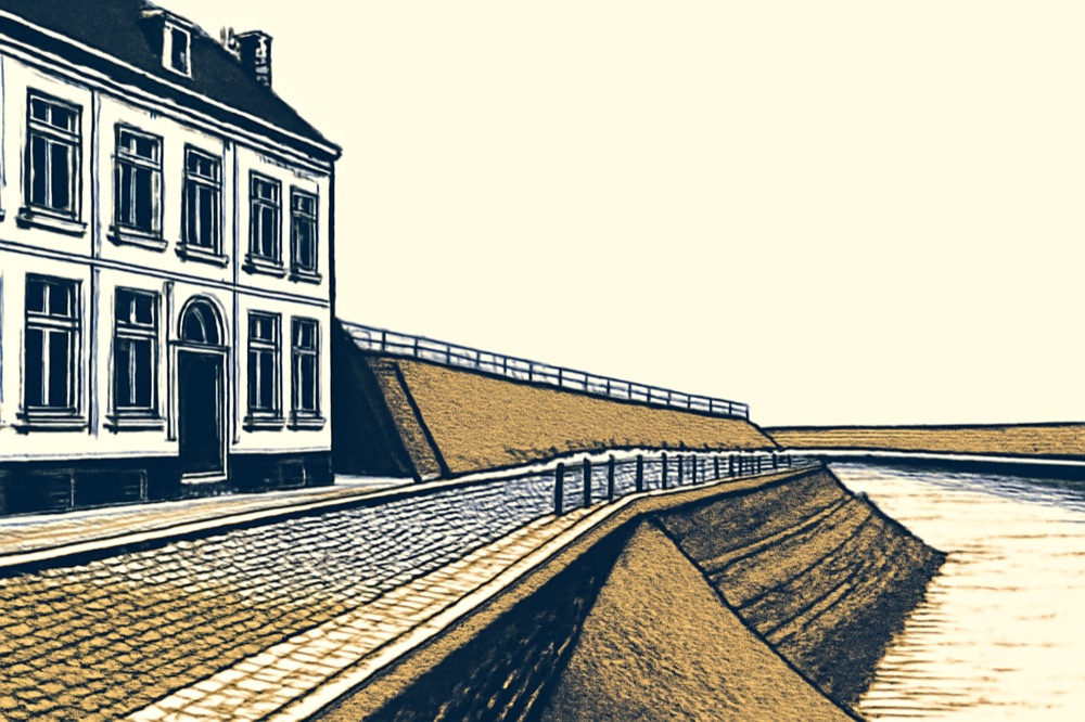 Architekturzeichnung eines städtischen Hauses am Flussufer mit Stützmauer und Böschung — Zweifarbenillustration.
