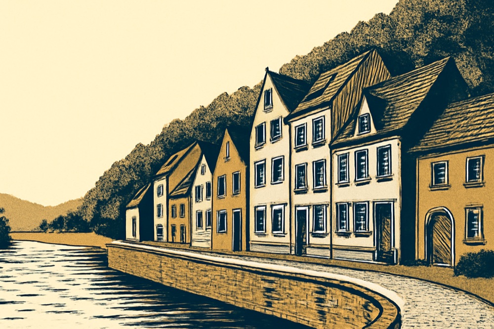 Zweifarbige Illustration einer deutschen Flussuferstraße mit Pegelmarken und bewaldetem Hang