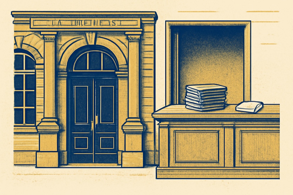 Zweifarbige architektonische Illustration einer Amtsgerichtsfassade und Grundbuchakten auf einem Holztresen.