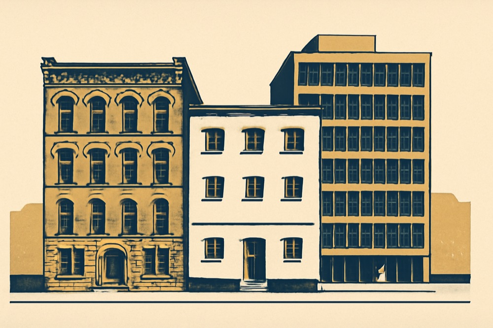 Zweifarbiges Architekturillustration: drei nebeneinanderliegende Stadtgebäude (historischer Rotziegelbau, Nachkriegs-Stuckbau, modernes Glasamt).