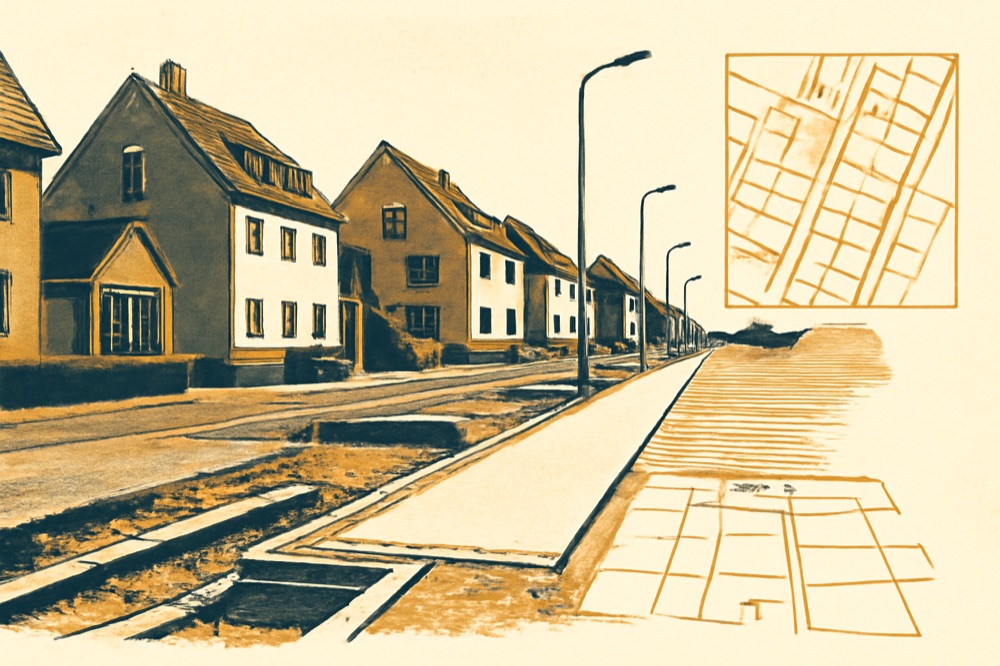 Zweifarbige Illustration einer deutschen Wohnstraße im Bau mit kleinem Lageplan‑Inset.