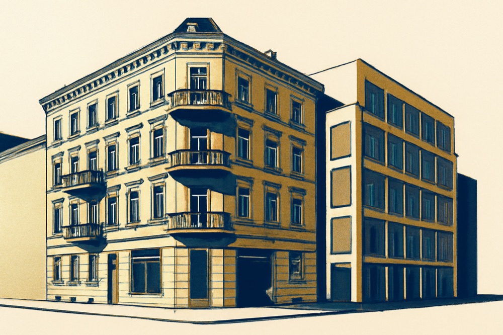 Berlin Altbau corner with modern infill, contrasting facades and balconies.