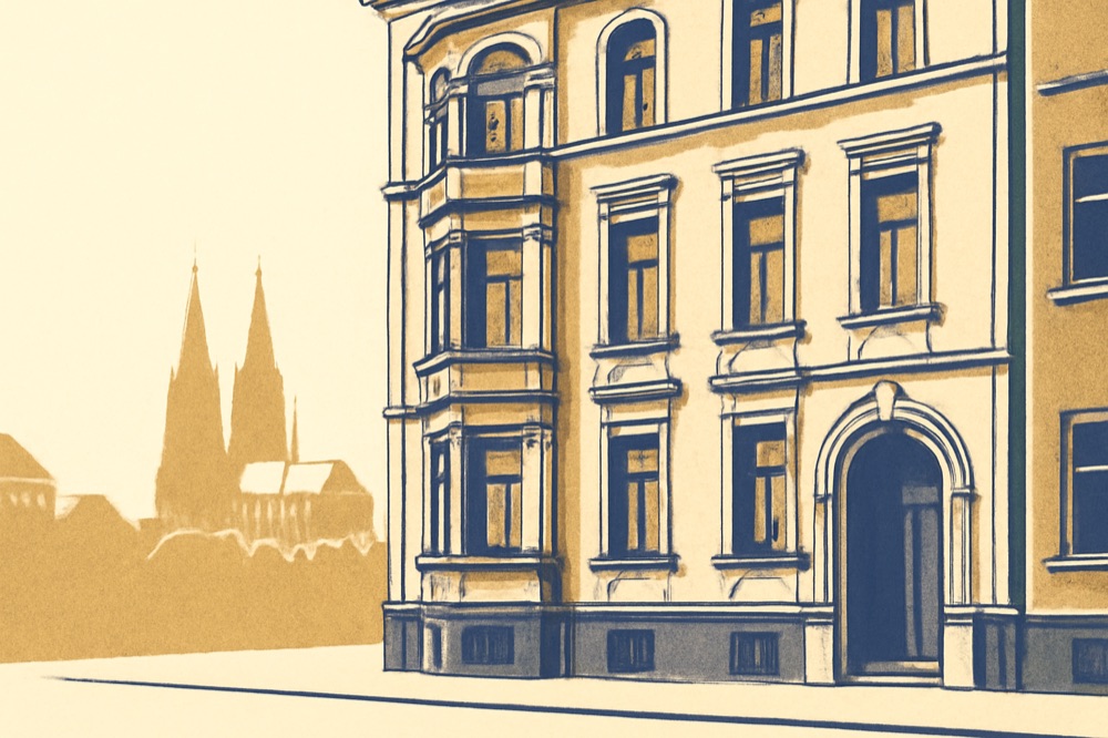 Kölner Altbaufassade mit Dom‑Silhouette im Hintergrund.