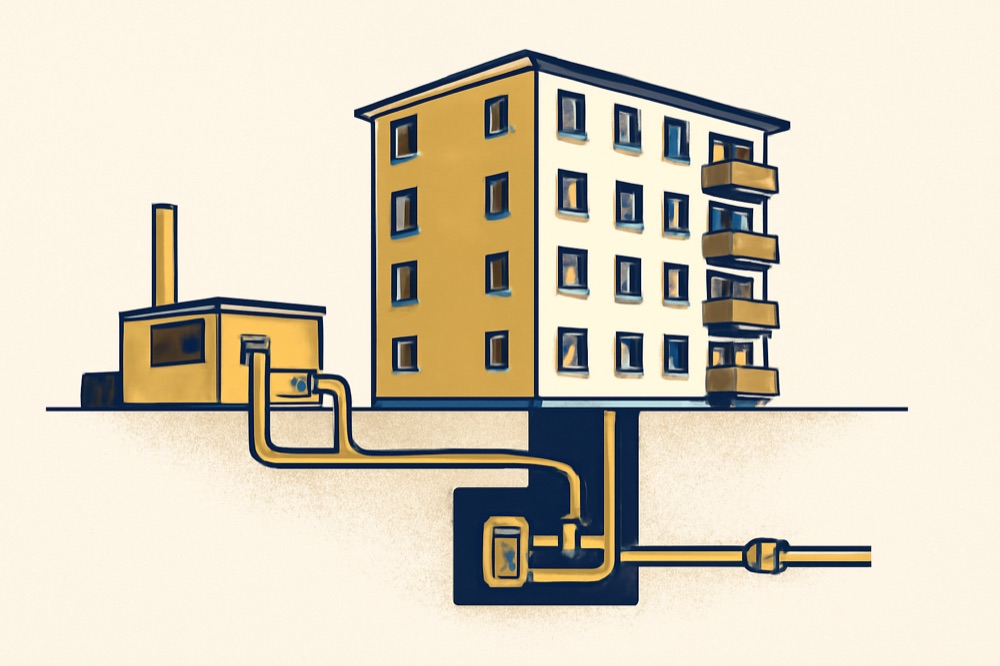 Zweifarbige Illustration eines Mehrfamilienhauses, das mit sichtbaren Rohrleitungen an ein Fernwärme‑Werk und eine Übergabestation im Keller angeschlossen ist.