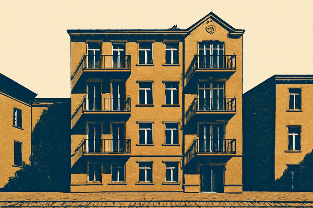 Zweifarbige Architekturillustration eines Reihenwohnhauses in Deutschland mit Balkonen und Kopfsteinpflaster