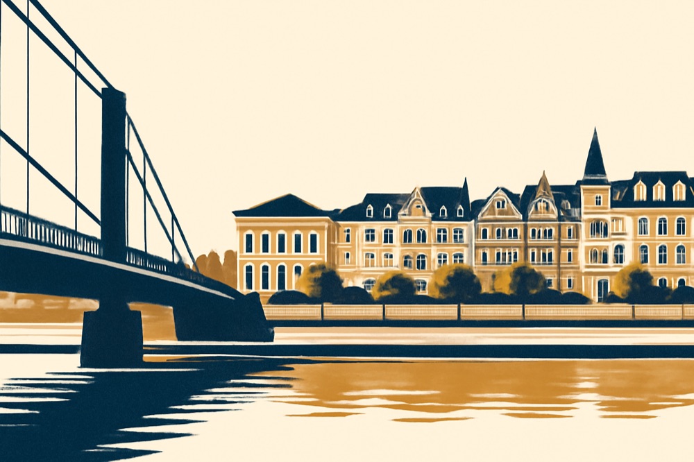 Rheinufer‑Fassaden in Düsseldorf‑Oberkassel von der Brücke gesehen