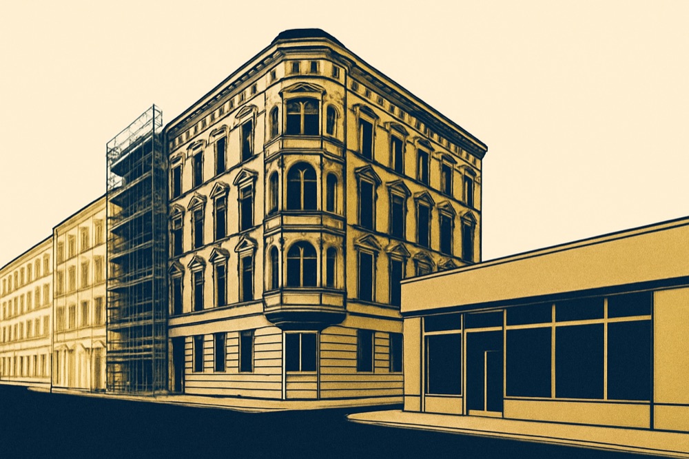 Gründerzeit‑Wohnblock mit Gerüst und moderner Bankfassade, zweifarbige Architekturillustration