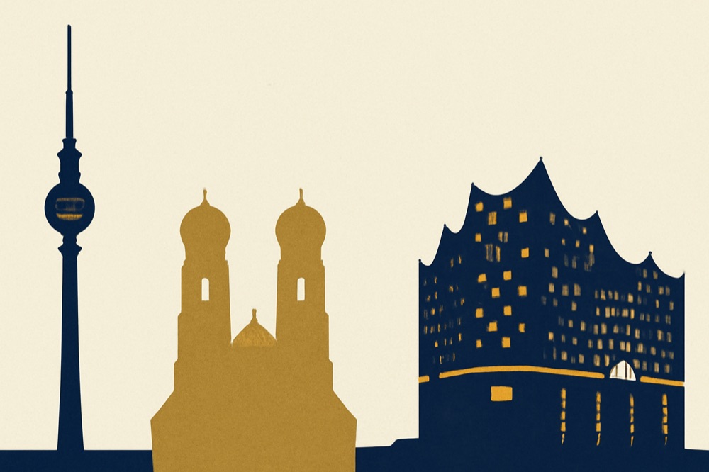 Zweifarbige Architekturillustration: Silhouetten Fernsehturm Berlin, Frauenkirche München und Elbphilharmonie Hamburg
