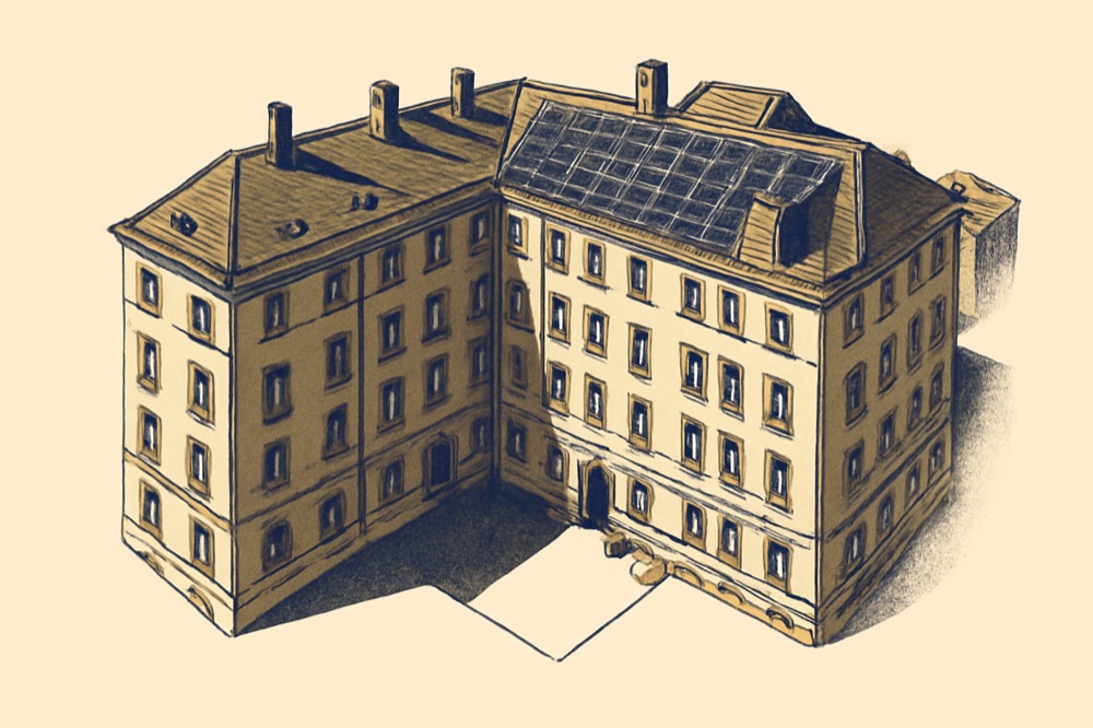 Dach‑PV auf einem Berliner Mietshausblock mit Hof und Zähleranlage