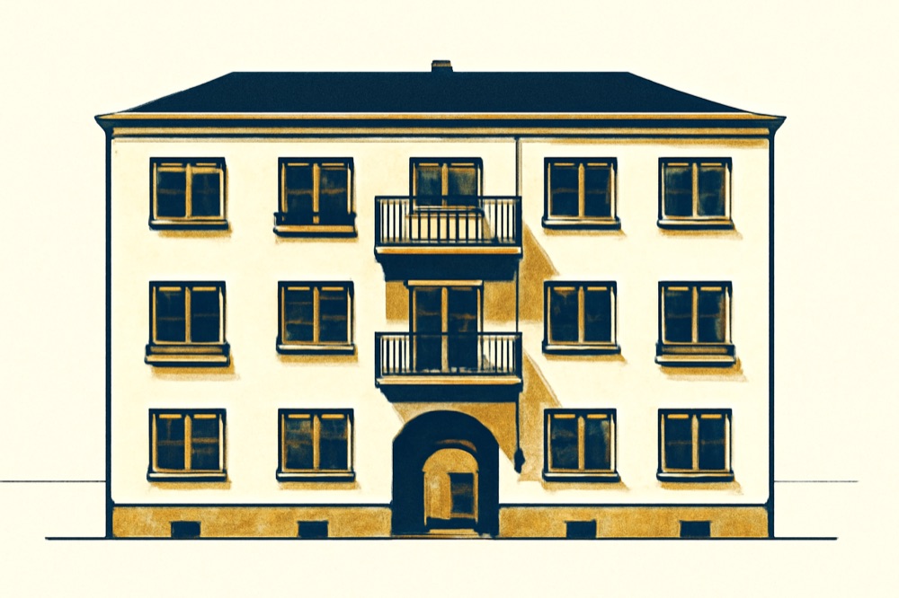 Zweifarbige Linienzeichnung einer deutschen Wohnhausfassade mit Balkonen und Hofeingang.
