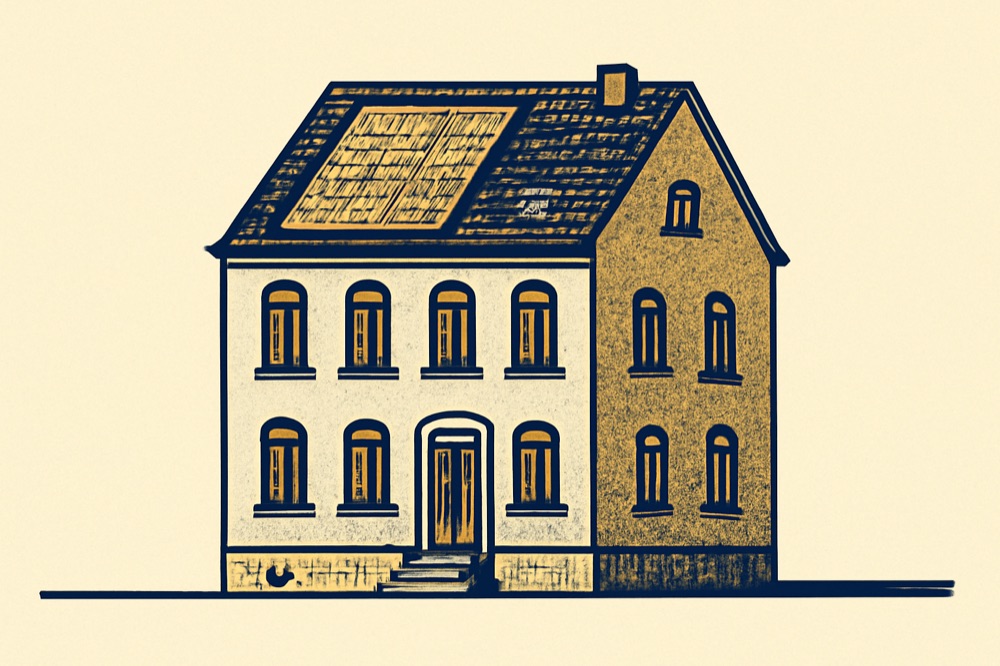 Zweifarbige Linienzeichnung eines deutschen Stadthauses mit Solarpaneelen auf dem Dach