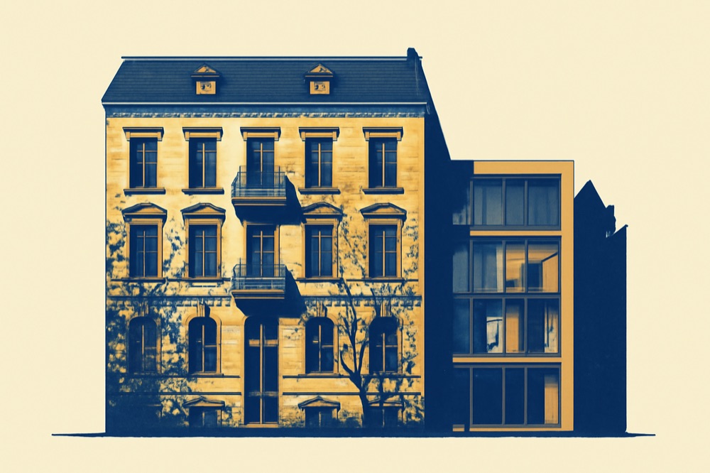 Zweifarbige architektonische Illustration eines Berliner Stadthauses mit modernem Glasanbau