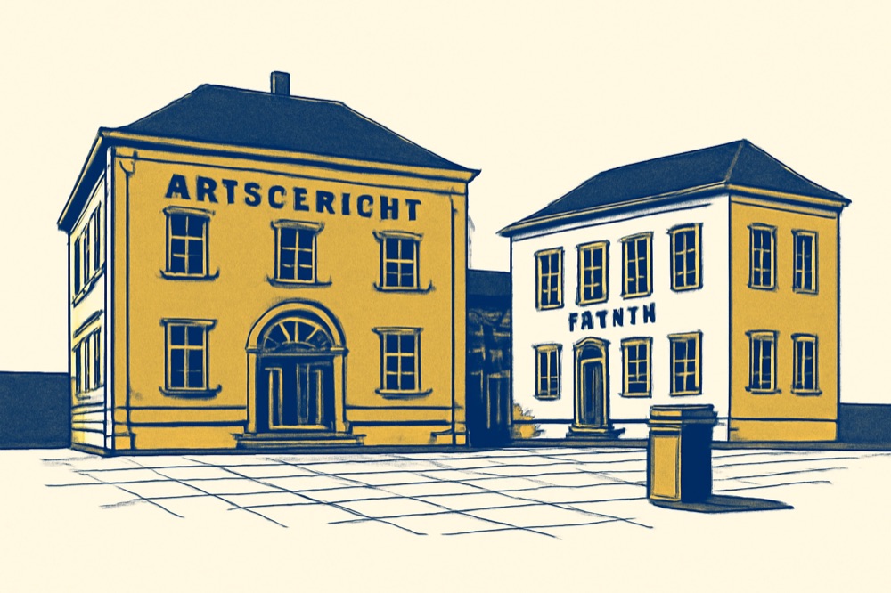 Zweifarbige Illustration eines Amtsgerichts und Notarbüros mit Hof und Briefkasten