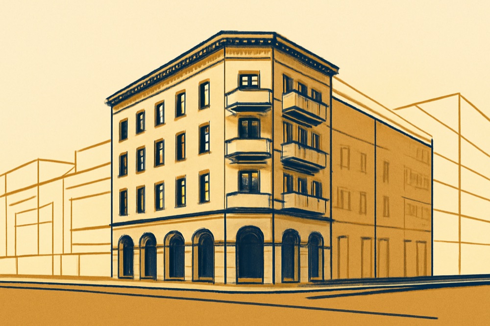 Berliner Eckwohnhaus mit Balkonen und Stra dfenraster
