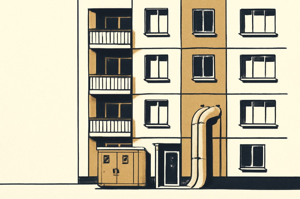 Fassadenansicht eines Mehrfamilienhauses mit einer sichtbaren Fernwärme‑Übergabestation und isolierten Rohrleitungen, die ins Gebäude führen.