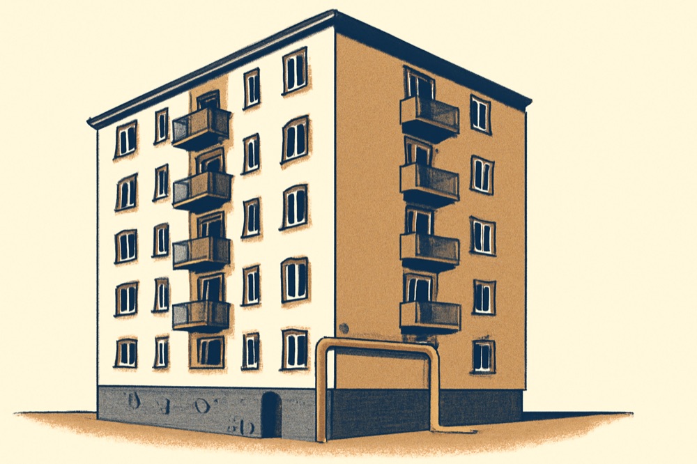 Mehrgeschossiges Wohnhaus, Fernwärmeleitung führt in den Keller‑Hausanschluss (zweifarbige Illustration).