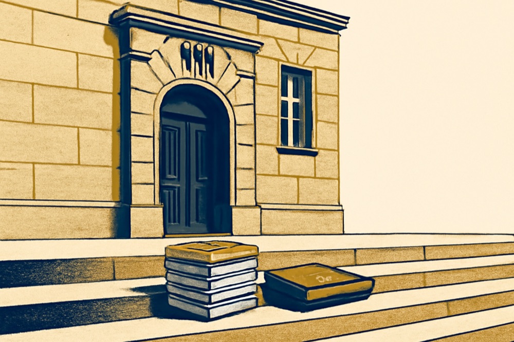 Steinfassade eines deutschen Amtsgerichts mit einem Stapel amtlicher Gesetzesbände auf den Stufen, zweifarbige Illustration