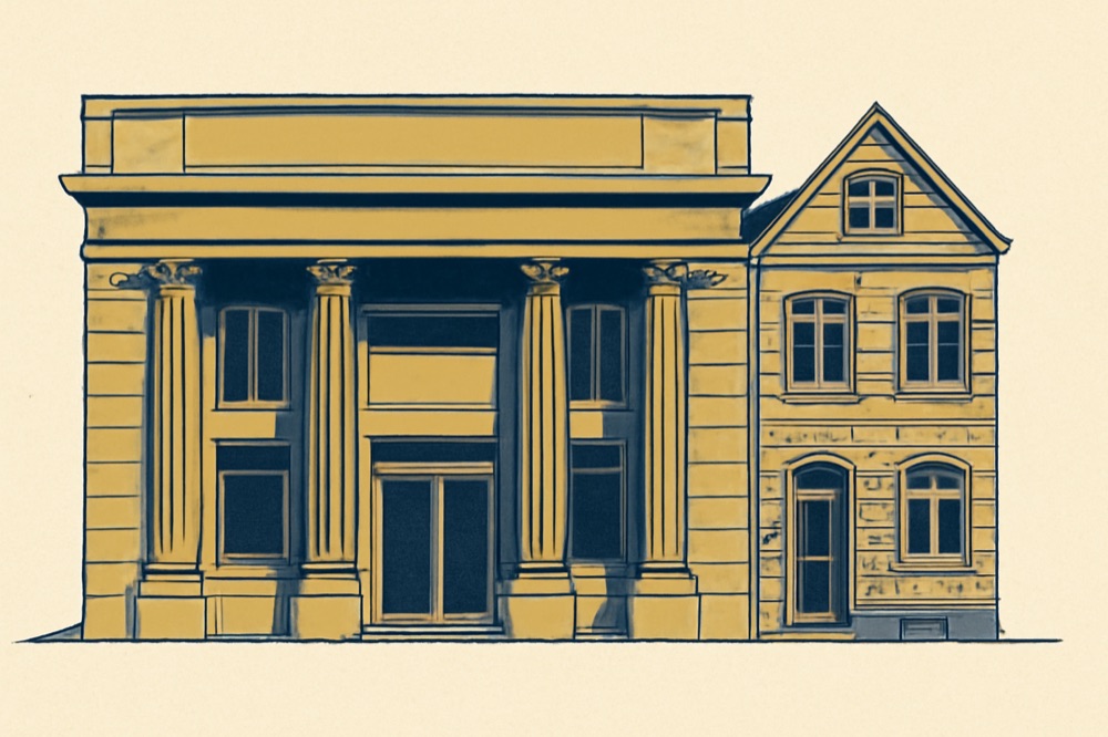 Illustration einer Bankfassade neben einem Reihenhaus, Linienzeichnung in Marineblau und Warmgrau