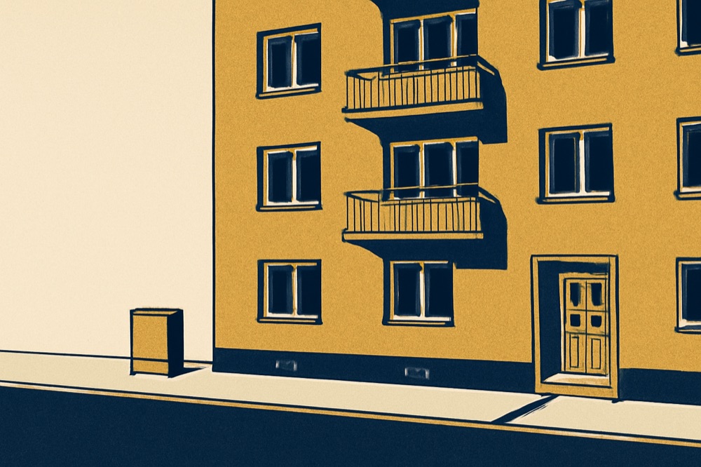 Zweifarbige Illustration eines Wohngebäudes mit Glasfaser‑Verteilschrank und Straßendukt