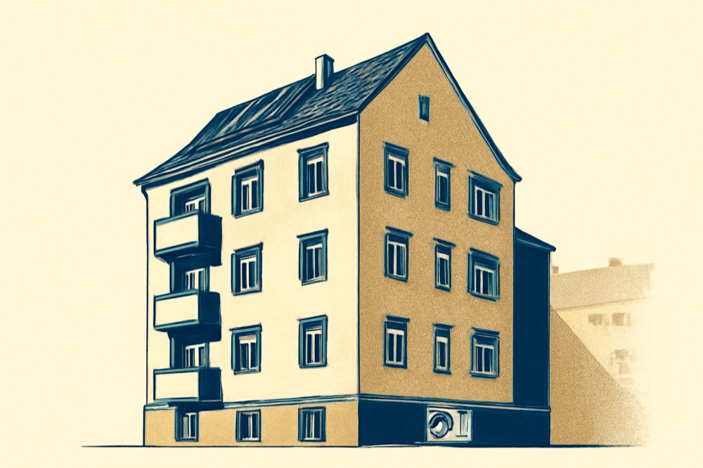 1950s Berlin apartment block with solar‑thermal panels and a small heat pump unit.