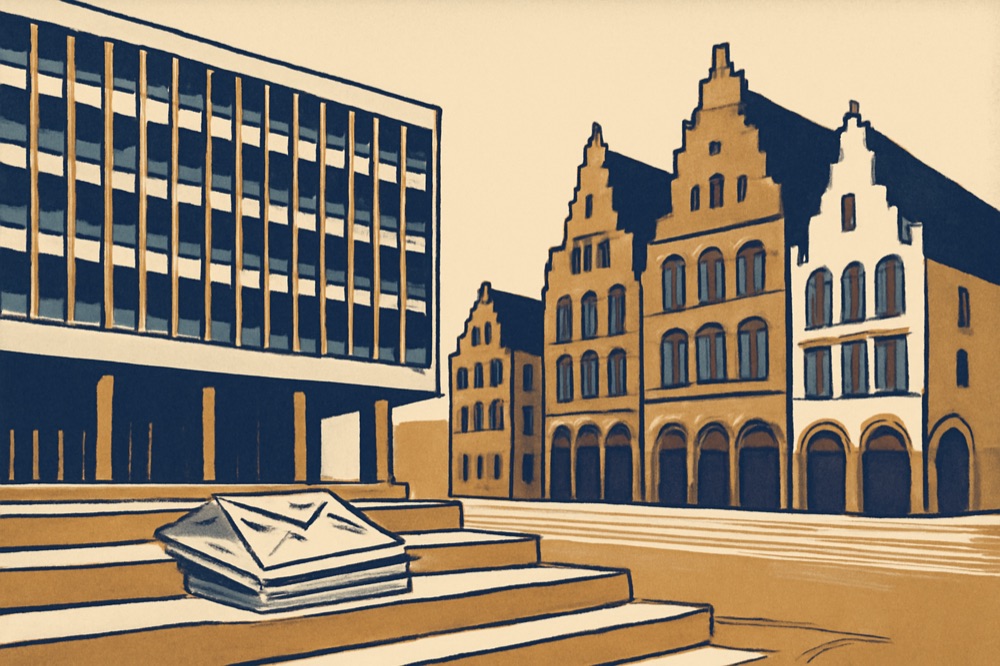 Rathaus Essen und Münsteraner Giebelhäuser mit Briefumschlägen auf Stufen