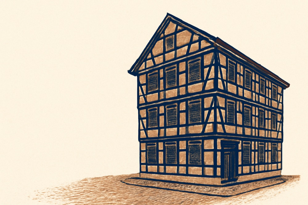 Fachwerkhaus‑Fassade in Hannovers Altstadt mit geschlossenen Fensterläden an einer Kopfsteinpflaster‑Ecke