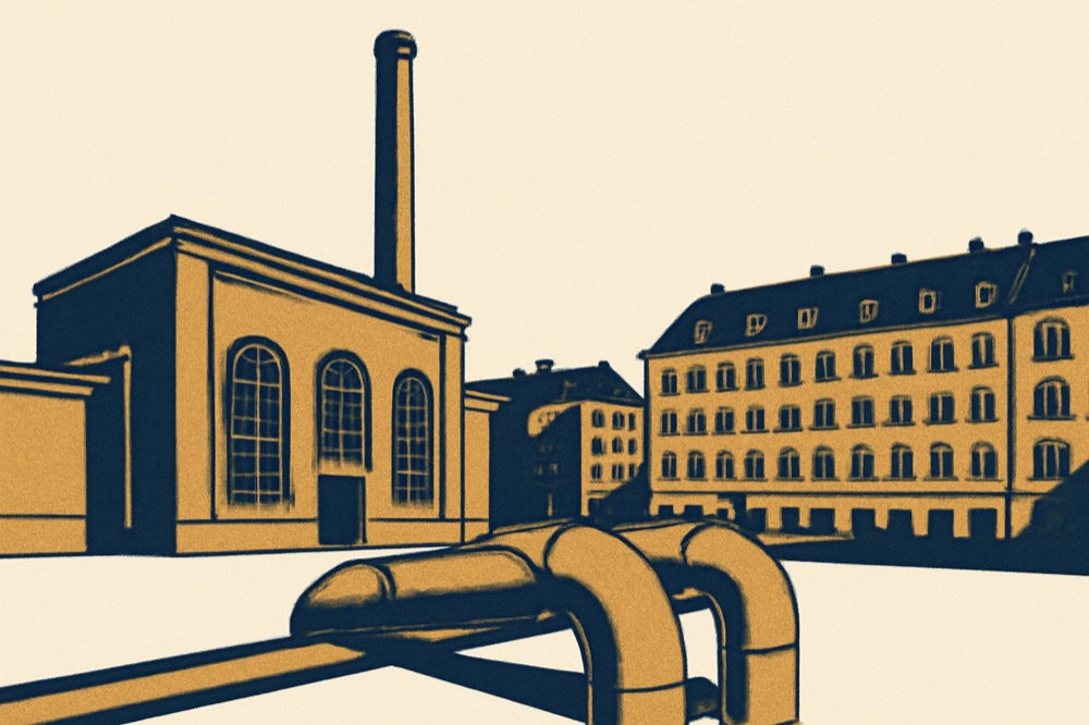 Fernwärmeleitungen und Heizkraftwerk in einem Münchner Stadtblock