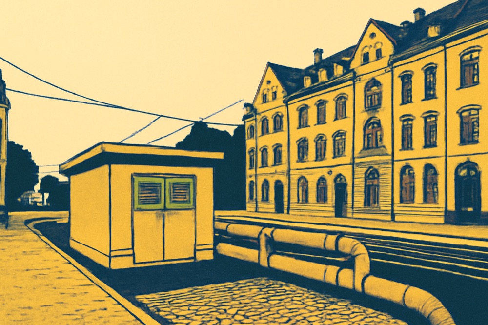 Stadtblock mit Fernwärme-Unterstation und Leitungen
