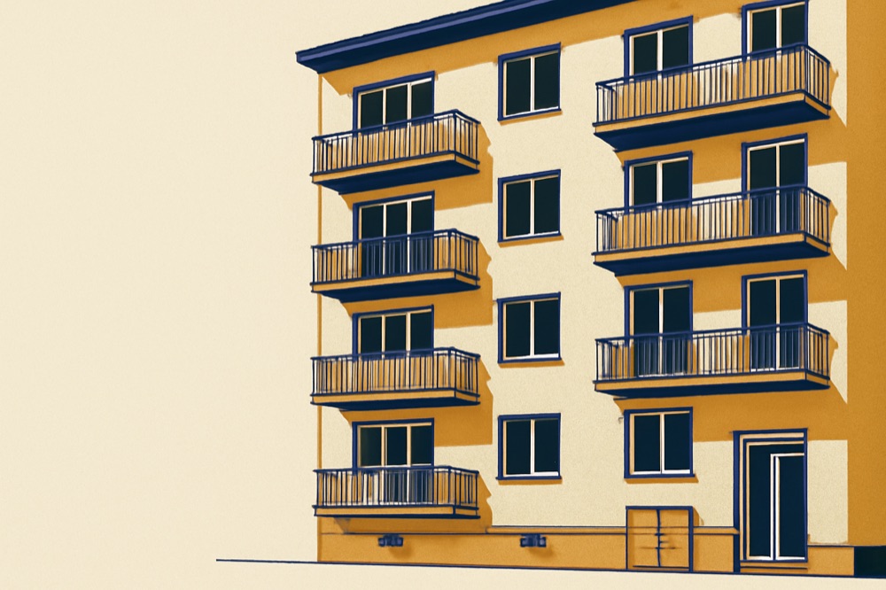 Zweifarbige Illustration einer deutschen Wohnhausfassade mit Balkonen und einem Zählerkasten