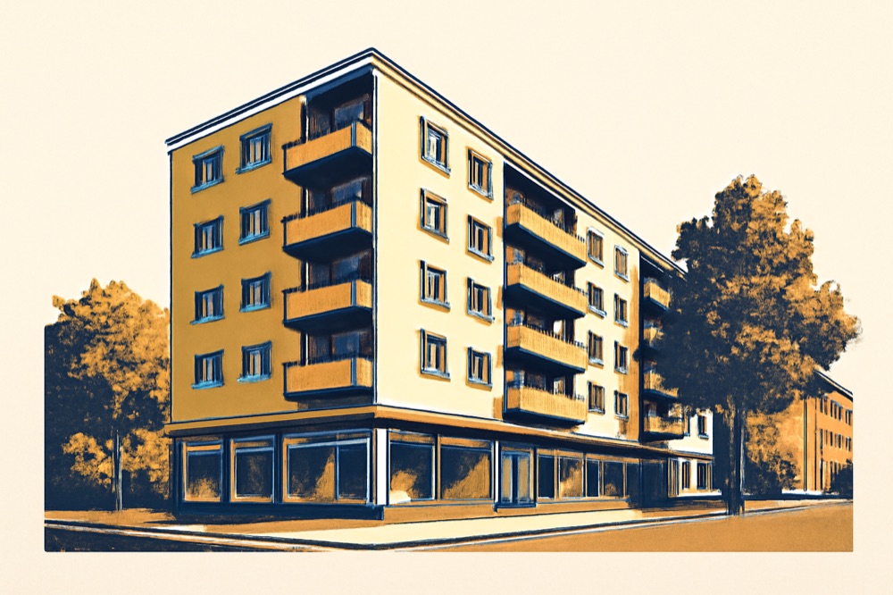 Frankfurter Mietshaus mit Balkonen an einer baumbestandenen Straße