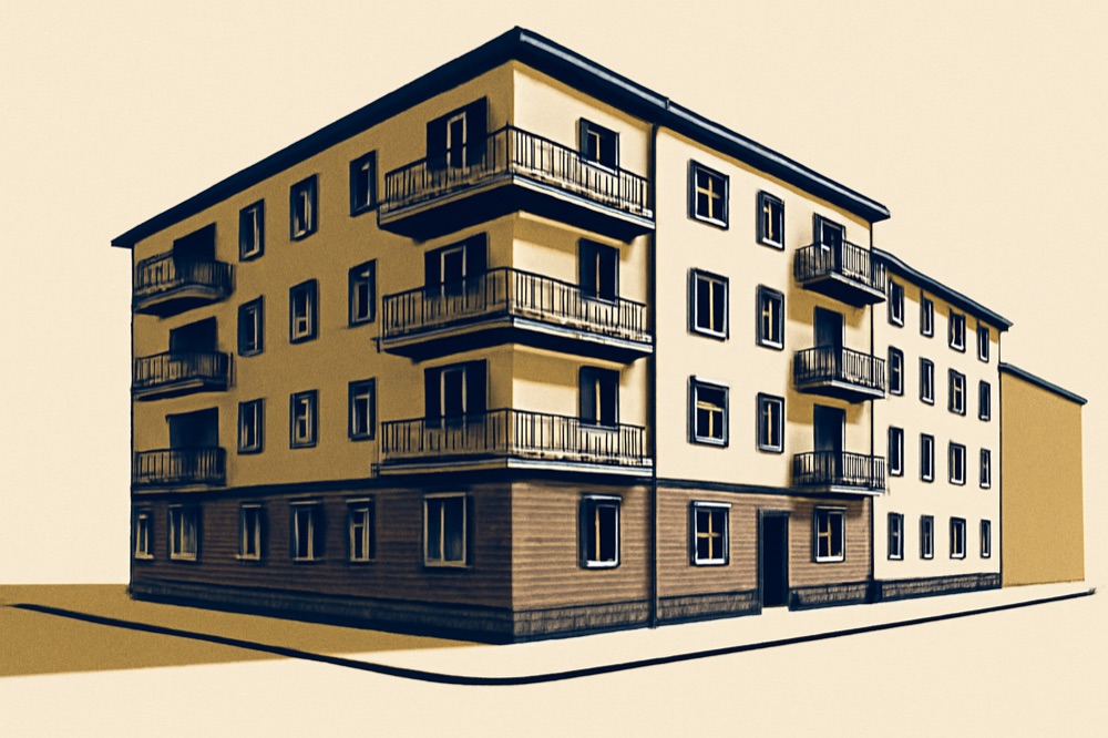 Berliner Mietshaus‑Ecke mit Balkonen, zweifarbige Illustration