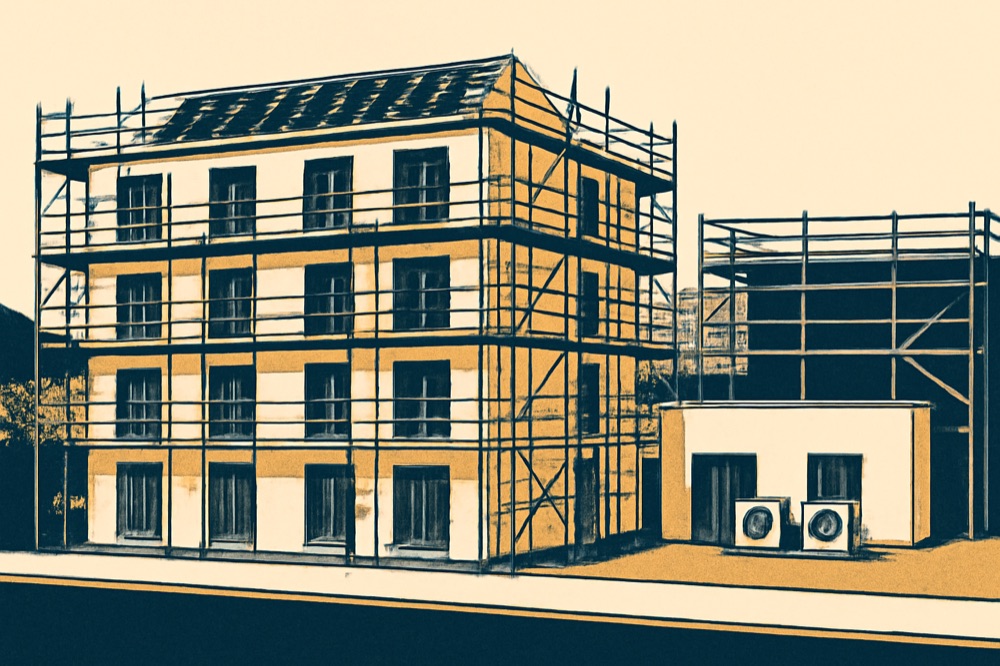 Berlin-style new-build apartment block with rooftop PV and heat pumps