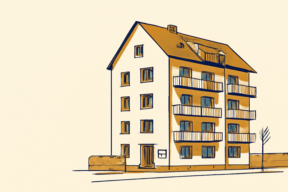 Zweifarbige Linienillustration eines deutschen Mehrfamilienhauses mit Balkonen und Hauseingang