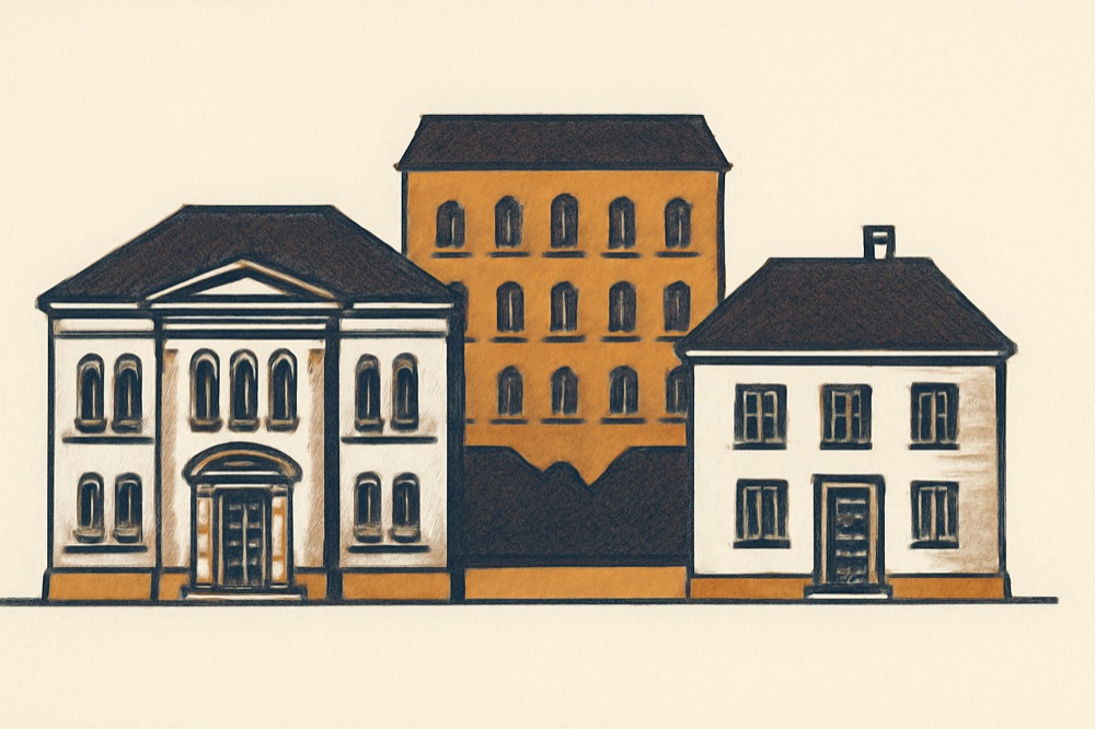 Zweifarbige Linienzeichnung eines Amtsgerichts (Grundbuchamt) und eines Notariats mit einem Wohnhaus im Hintergrund