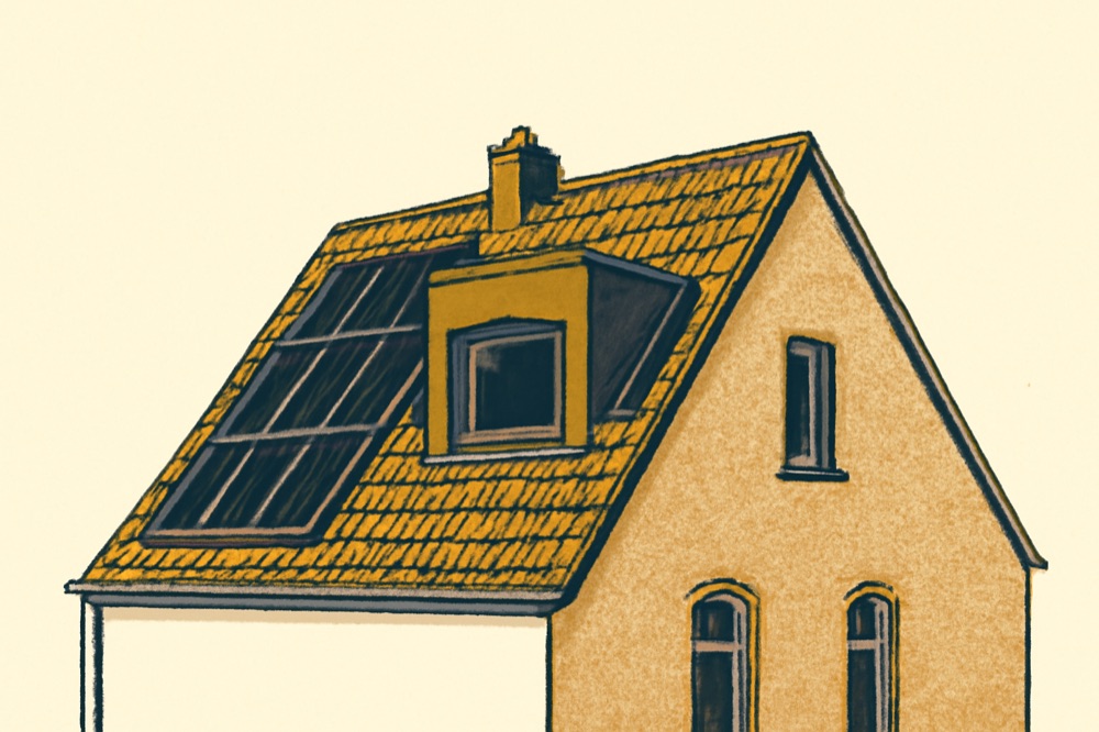 Kölner Reihenhausdach mit Gaube und PV‑Modulen