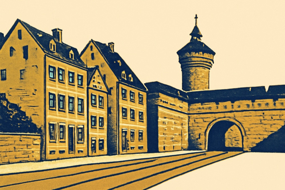 Sandsteinfassaden und Stadtmauer in der Nürnberger Altstadt mit Straßenbahngleisen